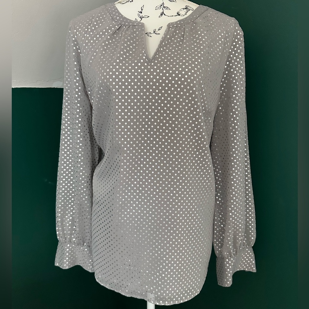Talbots Gray and White Polka Dot Blouse